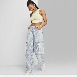 White and blue striped cargo jeans.